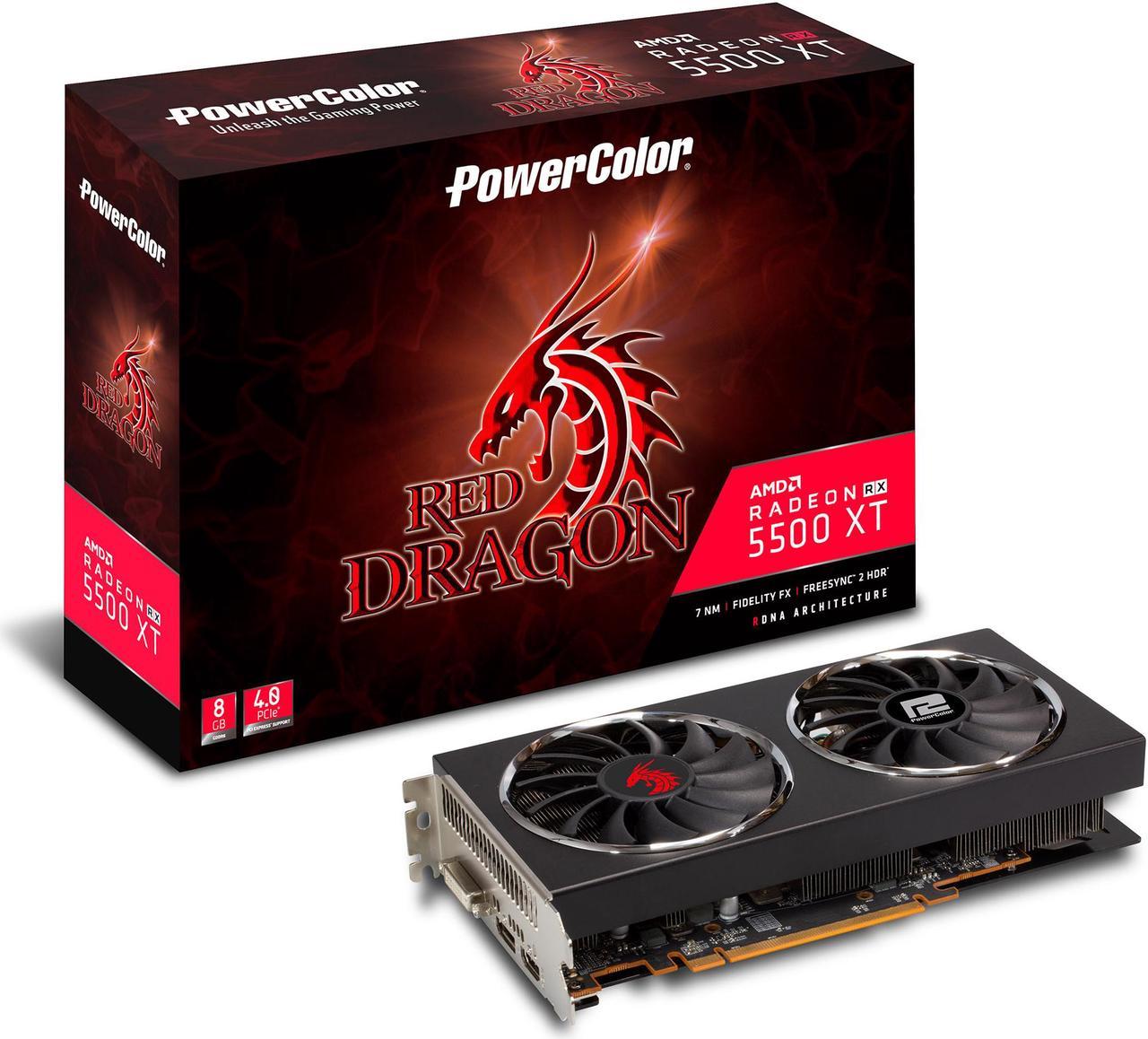 PowerColor RED DRAGON Radeon RX 5500 XT 8GB GDDR6 PCI Express 4.0 CrossFireX Support ATX Video Card AXRX 5500 XT 8GBD6-DHR/OC