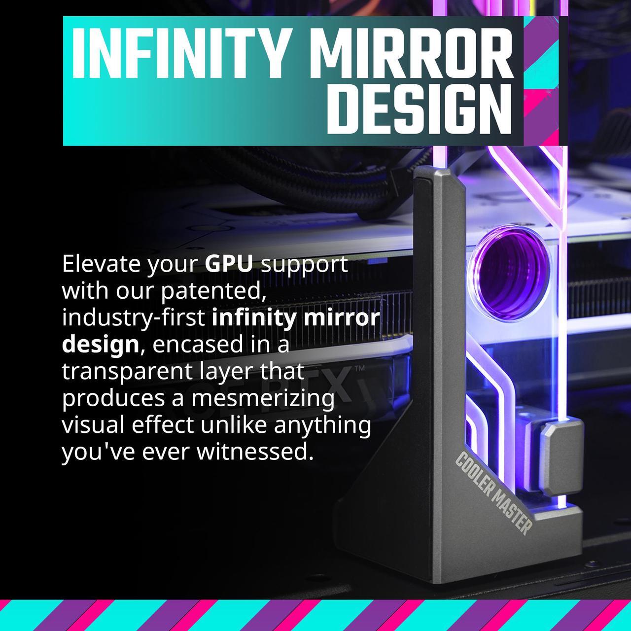Alt view image 5 of 14 - Cooler Master Atlas ARGB GPU Support Bracket, Aluminum Magnets Stand, Infinity Mirror Design, ARGB Tempered Glass, Dual-Axis Mode Vertical | Horizontal. (MCA-U000R-AGSBTG-00)