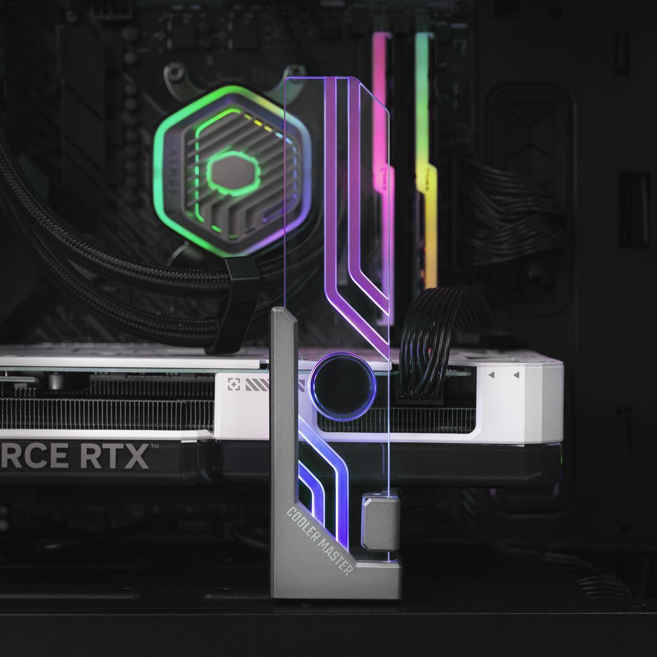 Alt view image 11 of 14 - Cooler Master Atlas ARGB GPU Support Bracket, Aluminum Magnets Stand, Infinity Mirror Design, ARGB Tempered Glass, Dual-Axis Mode Vertical | Horizontal. (MCA-U000R-AGSBTG-00)