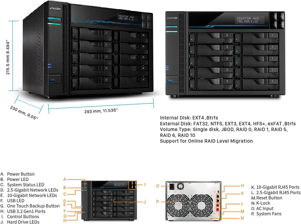 Alt view image 4 of 7 - Asustor 10 Bay NAS Lockerstor 10 | AS6510T | Quad-Core CPU, Dual 10GbE+ 2.5GbE Ports, 8GB RAM DDR4, Two M.2 Slots (Diskless)