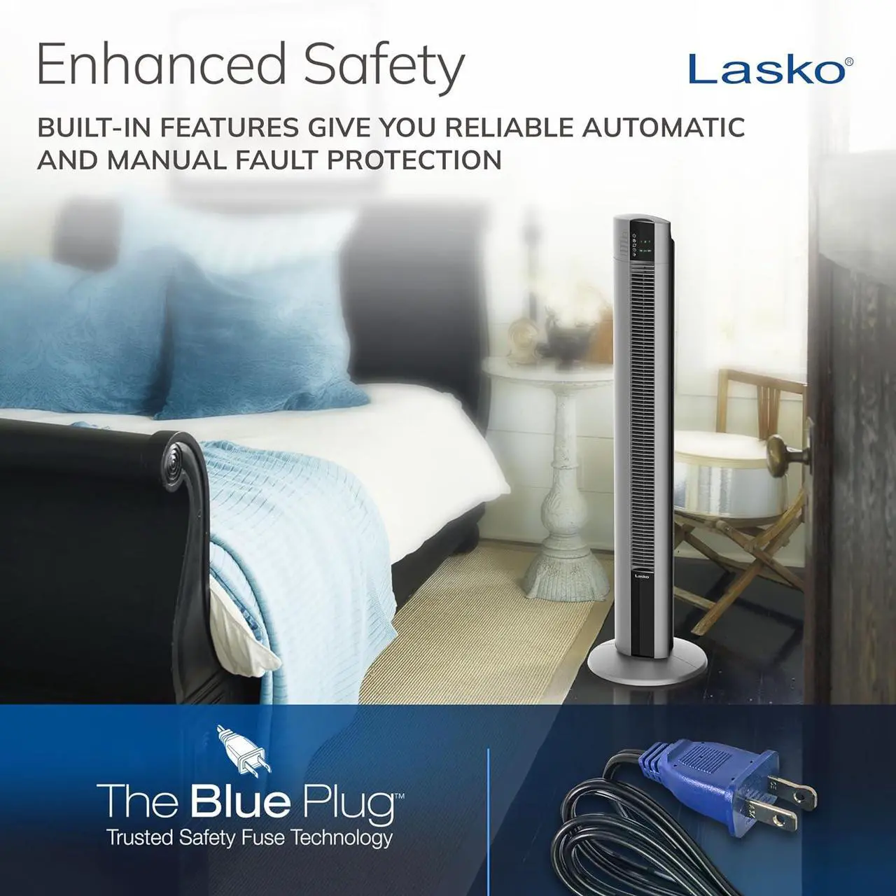 Alt view image 6 of 6 - Lasko Tower Fan, Oscillating Performance, Remote Control, Nighttime Setting, Timer, 3 Speeds, High-Velocity Tower Fan, Room Fan for Bedroom or Office, 48" Gray, T48314