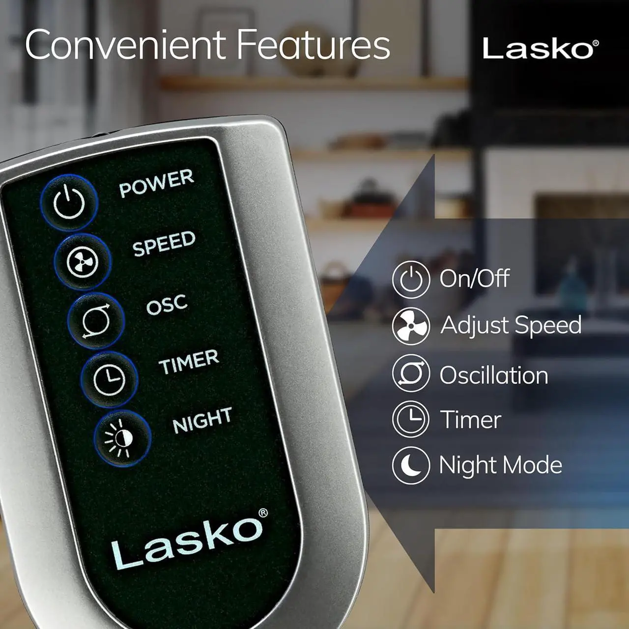 Alt view image 5 of 6 - Lasko Tower Fan, Oscillating Performance, Remote Control, Nighttime Setting, Timer, 3 Speeds, High-Velocity Tower Fan, Room Fan for Bedroom or Office, 48" Gray, T48314