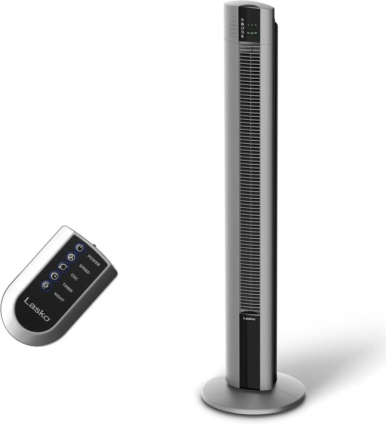 Main image of Lasko Tower Fan, Oscillating Performance, Remote Control, Nighttime Setting, Timer, 3 Speeds, High-Velocity Tower Fan, Room Fan for Bedroom or Office, 48" Gray, T48314