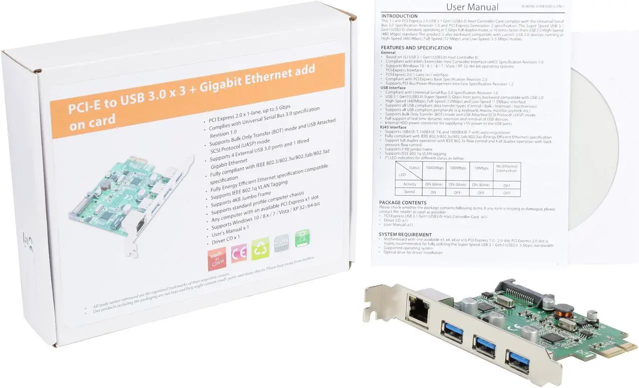 Alt view image 6 of 5 - SYBA 3 Port USB 3.1 Gen 1 and Gigabit Ethernet PCI-e 2.0 x1 Card Model SD-PEX50100