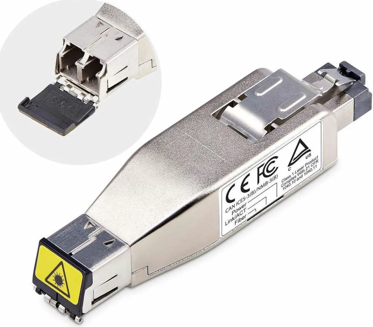 Main image of StarTech Gigabit Fiber to RJ45 Ethernet Media Converter Dongle, Optical Singlemode 10km/Multimode 800m, PoE Powered, Compact Design, Metal Housing, Micro Mini, TAA (D01ML55P-FIBER-MEDIA)