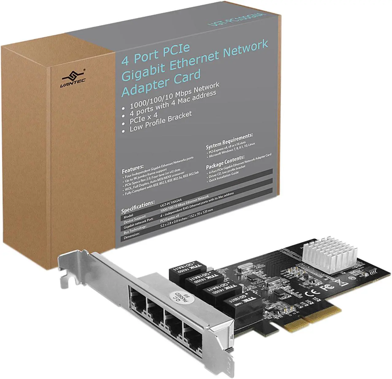 Alt view image 6 of 6 - VANTEC UGT-PC100GNA 4-Port PCIe Gigabit Ethernet Network Adapter Card
