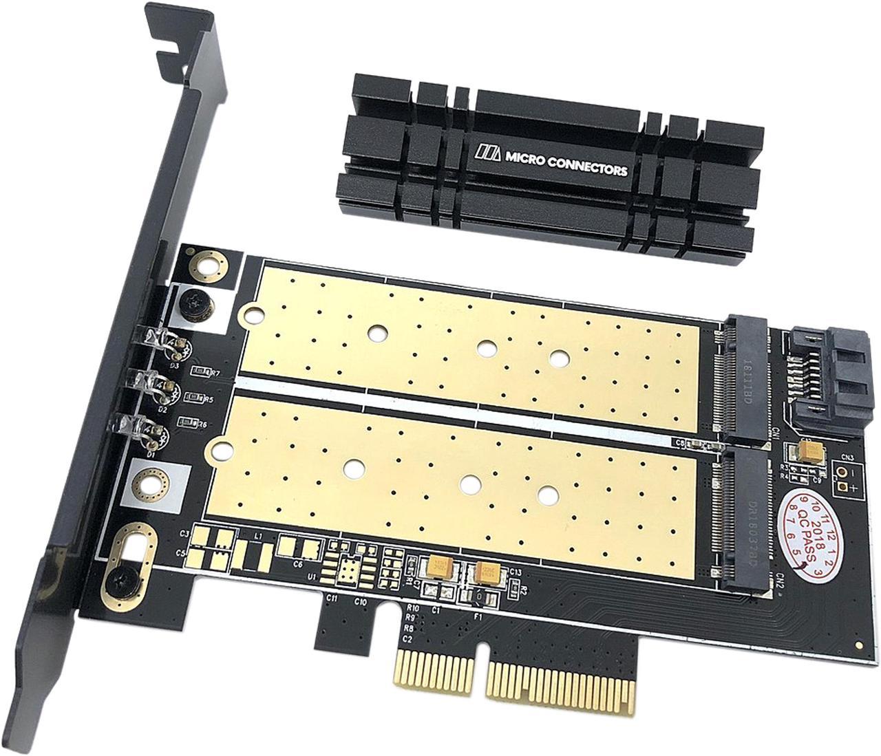 Micro Connectors M.2 NVMe + M.2 SATA 80mm SSD PCIe x4 Adapter with Heat Sink Model PCIE-M20802HS