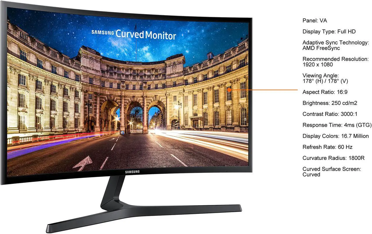 Alt view image 5 of 16 - SAMSUNG LC24F396FHNXZA 24" (23.5" Viewable) Full HD 1920 x 1080 VGA, HDMI AMD FreeSync Flicker Free Low Blue Light LED Backlit Curved Gaming Monitor