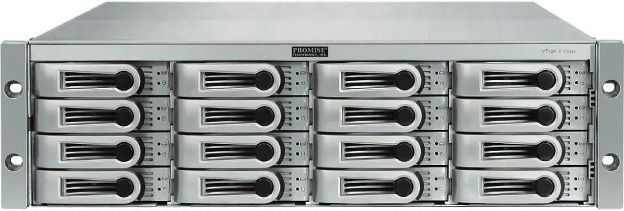 Main image of PROMISE VTrak E-Class H1142VC/A RAID 0/1/1E/5/6/10/50/60 16 x Hot-swap 3.5" Drive Bays Dual 4Gb Fibre Channel ports; One external 3Gb/s 4x wide SAS port (per controller) 3U Rackmount 16-Bay 32TB RAID Sub-System