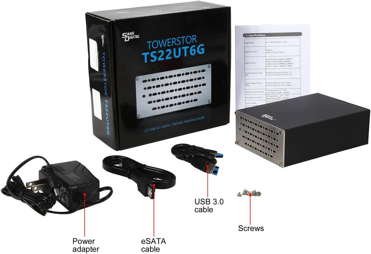 Alt view image 10 of 9 - SANS DIGITAL TowerSTOR ST-SAN-TS22UT6G 2 Bay 2.5" SATA to USB 3.0 / eSATA RAID 0/1 Storage