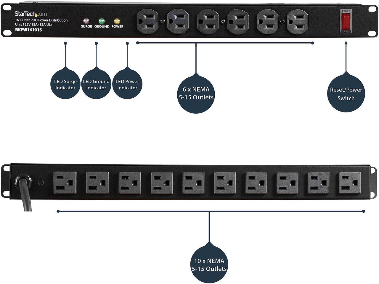 StarTech.com RKPW161915A 19in 1U Rackmount 16 Outlet PDU Power Distribution Unit 125V 15A (12A UL)