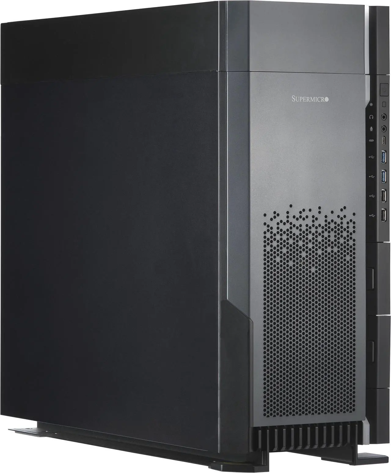 Main image of Supermicro AS-5014A-TT system, installed with AMD Threadripper Pro 5975WX, Support 2TB Registered ECC DDR4 3200-MHz Memory, 6 PCI-E 4.0 x16 slots, up to 4x double-width GPU and dedicated chamber to support 360mm radiator AIO liquid cooling.