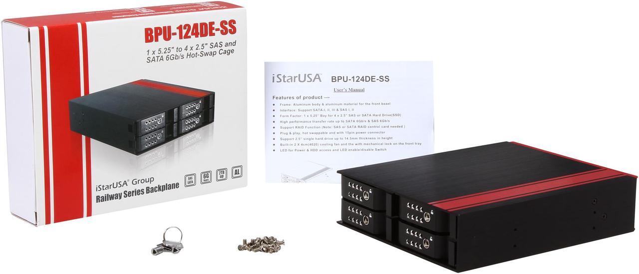 Alt view image 8 of 7 - iStarUSA BPU-124DE-SS 1 x 5.25" to 4 x 2.5" SATA/SAS 6.0Gb/s Hot-Swap Backplane RAID Cage