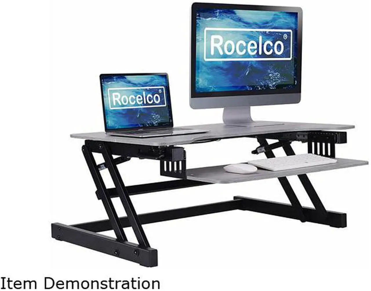 Alt view image 7 of 8 - rocelco 37.5" deluxe height adjustable standing desk converter - quick sit stand up dual monitor riser - gas spring assist comp