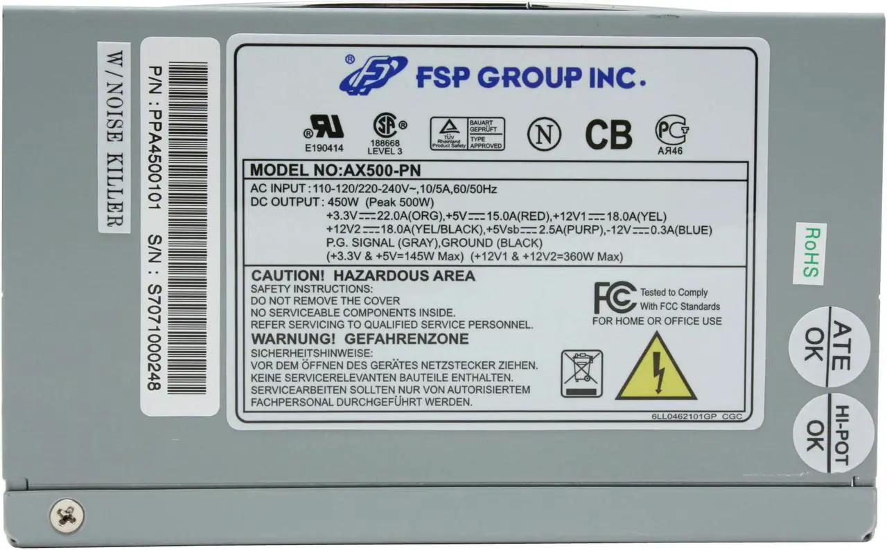 Alt view image 5 of 9 - FSP Group AX500-PN Max: 450W Peak: 500W ATX2.2     Power Supply