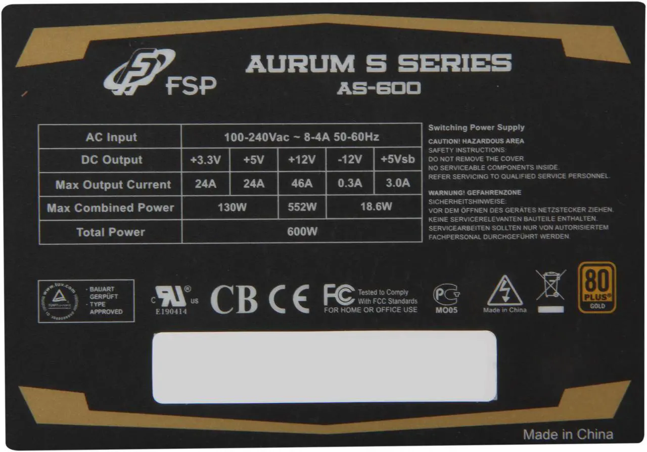 Alt view image 6 of 8 - FSP Group AURUM S 600W ATX12V / EPS12V SLI Ready CrossFire Ready 80 PLUS GOLD Certified Active PFC Power Supply