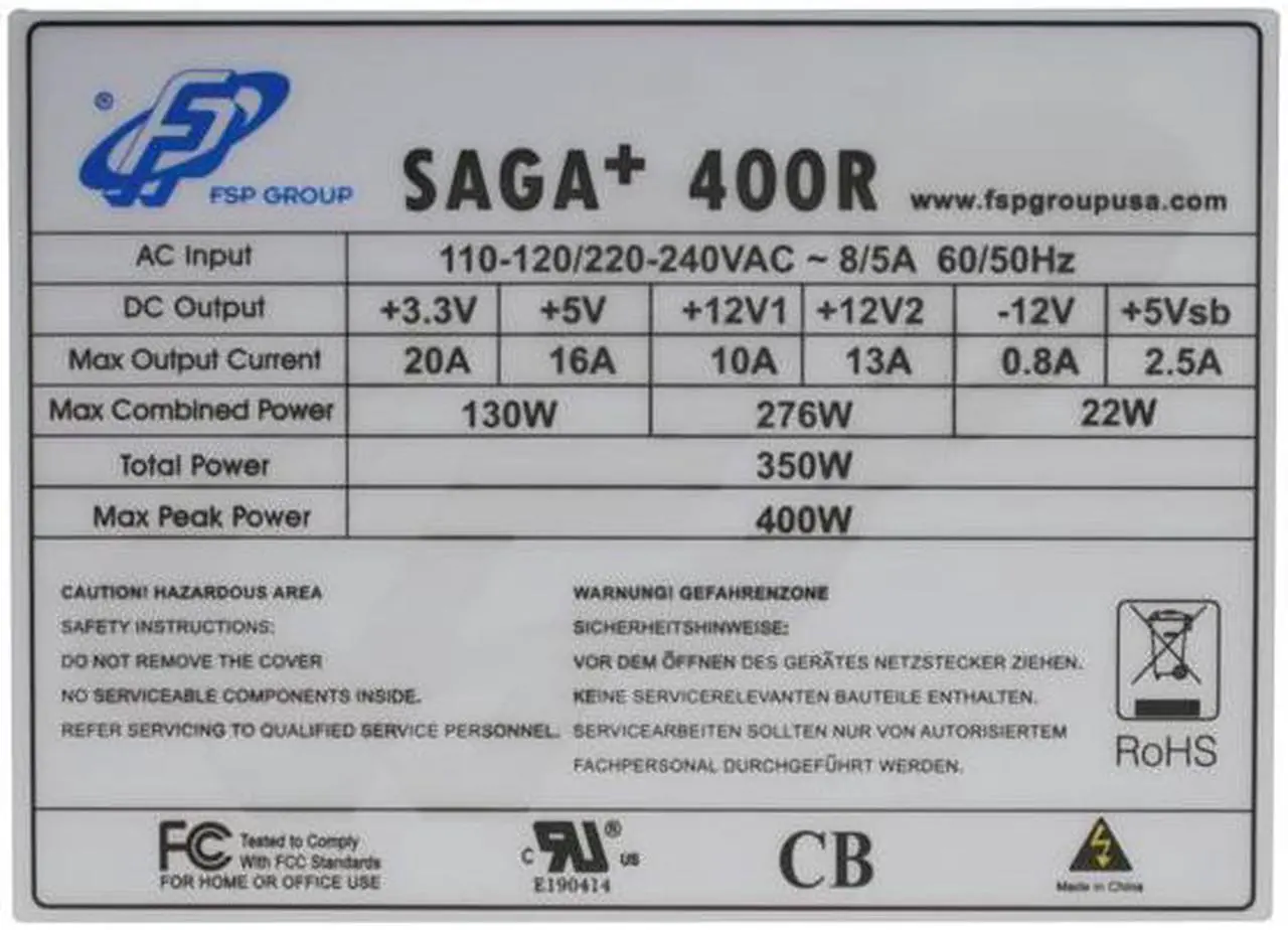 Alt view image 5 of 10 - FSP Group SAGA+ 400R 400W ATX12V  Power Supply