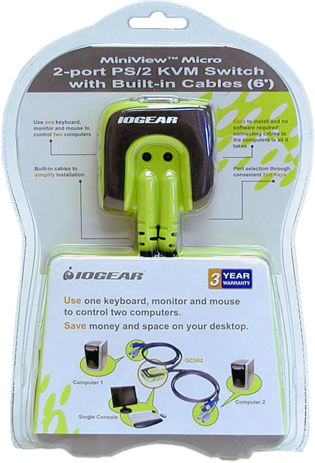 Alt view image 3 of 4 - IOGEAR GCS62 MiniView Micro PS/2 KVM Switch with Cables