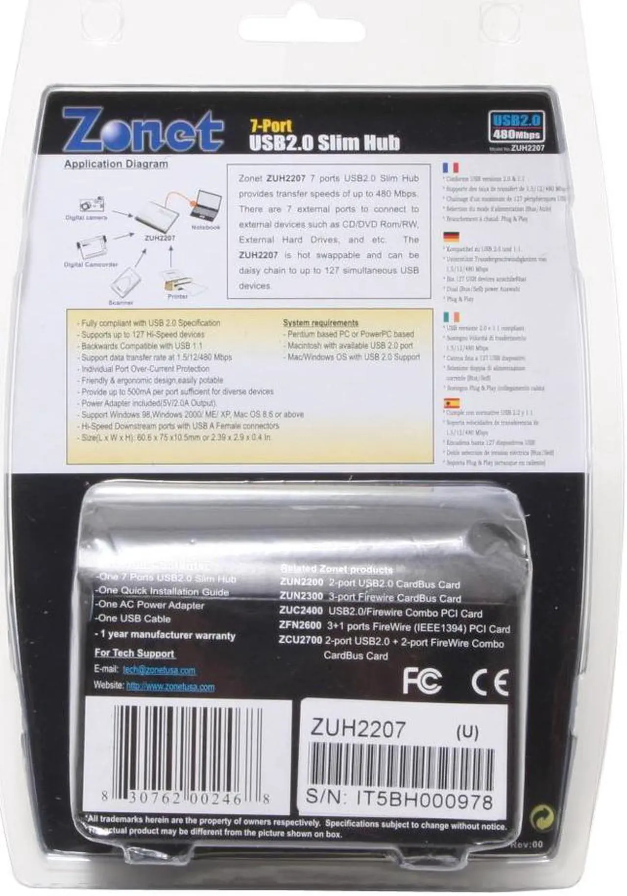 Alt view image 6 of 6 - Zonet ZUH2207 7-Port USB 2.0 Slim Hub