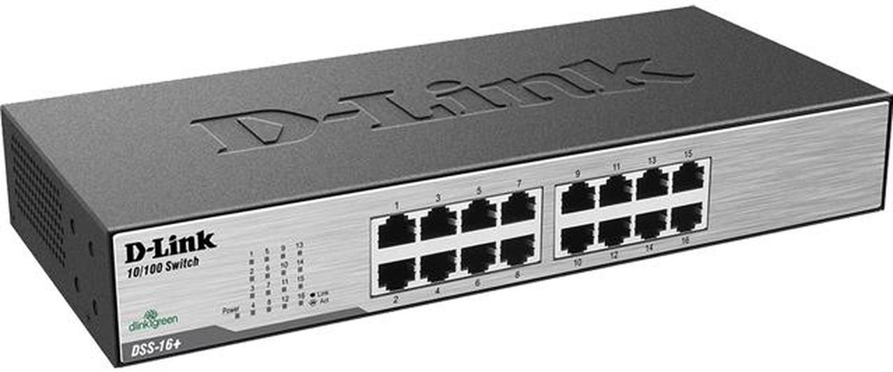 D-Link Ethernet Switch, 16 Port 10/100 Unmanaged Desktop, Fanless Rackmount Network Hub Internet (DSS-16+)