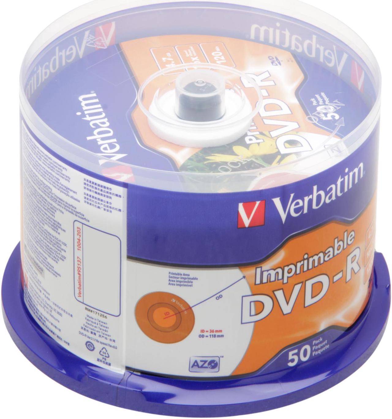 Verbatim DVD-R 4.7GB 16X Branded White Inkjet 50pk Spindle