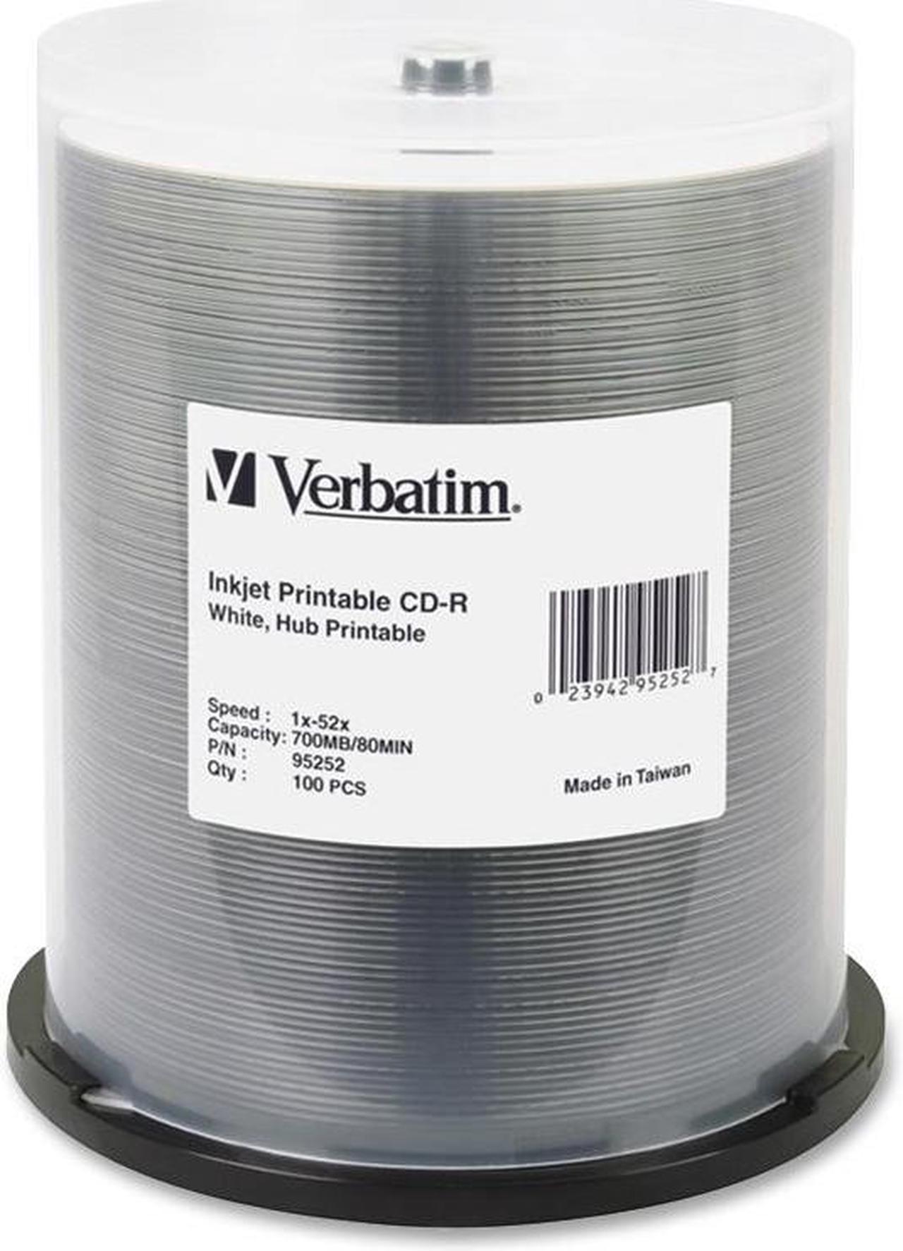 Verbatim 700 MB 52X CD-R White Inkjet Printable 100 Packs Spindle Media Model 95252