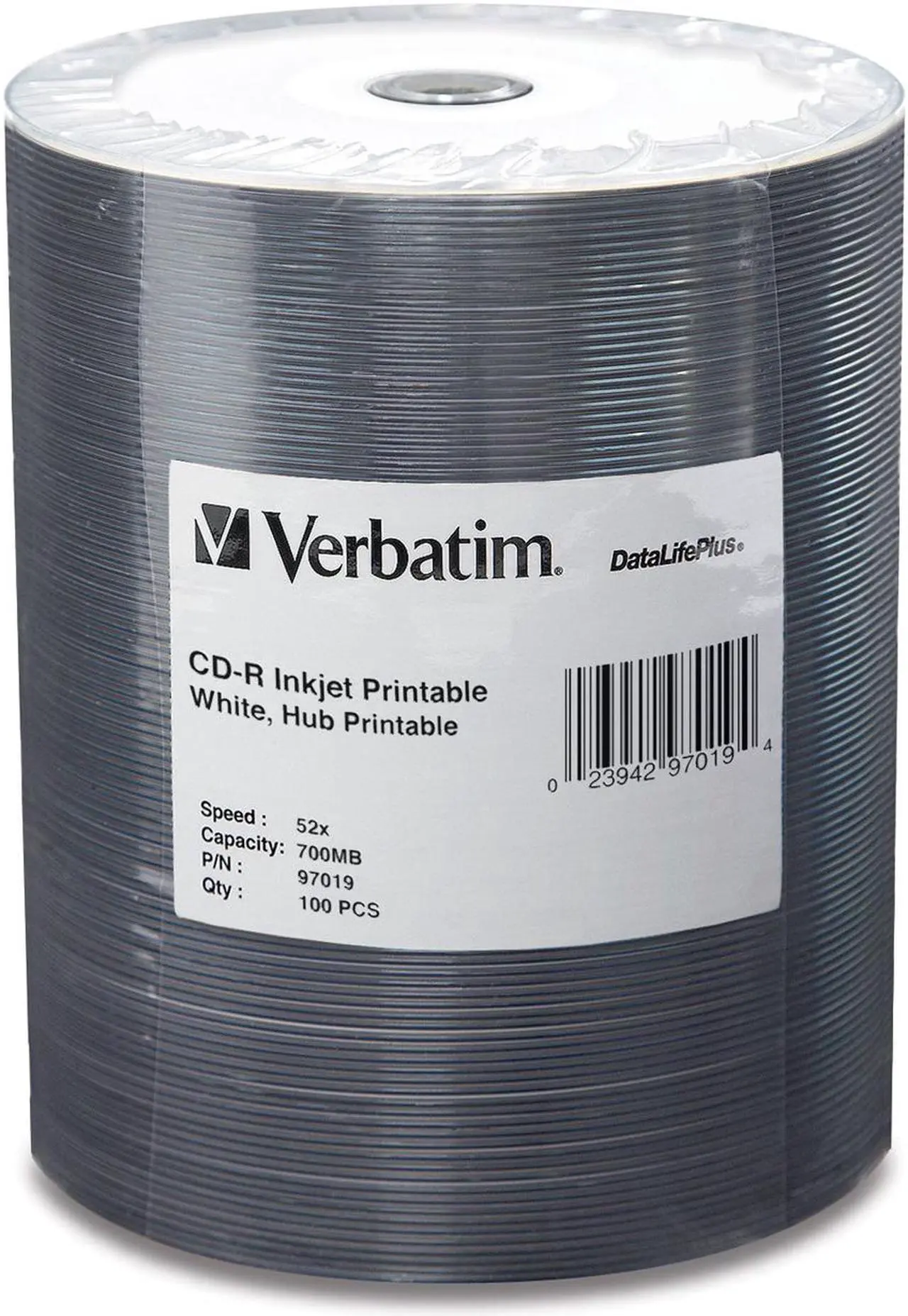 Main image of Verbatim 700MB 52X CD-R Inkjet Printable Hub Printable 100 Packs Spindle DataLife Plus Media Model 97019