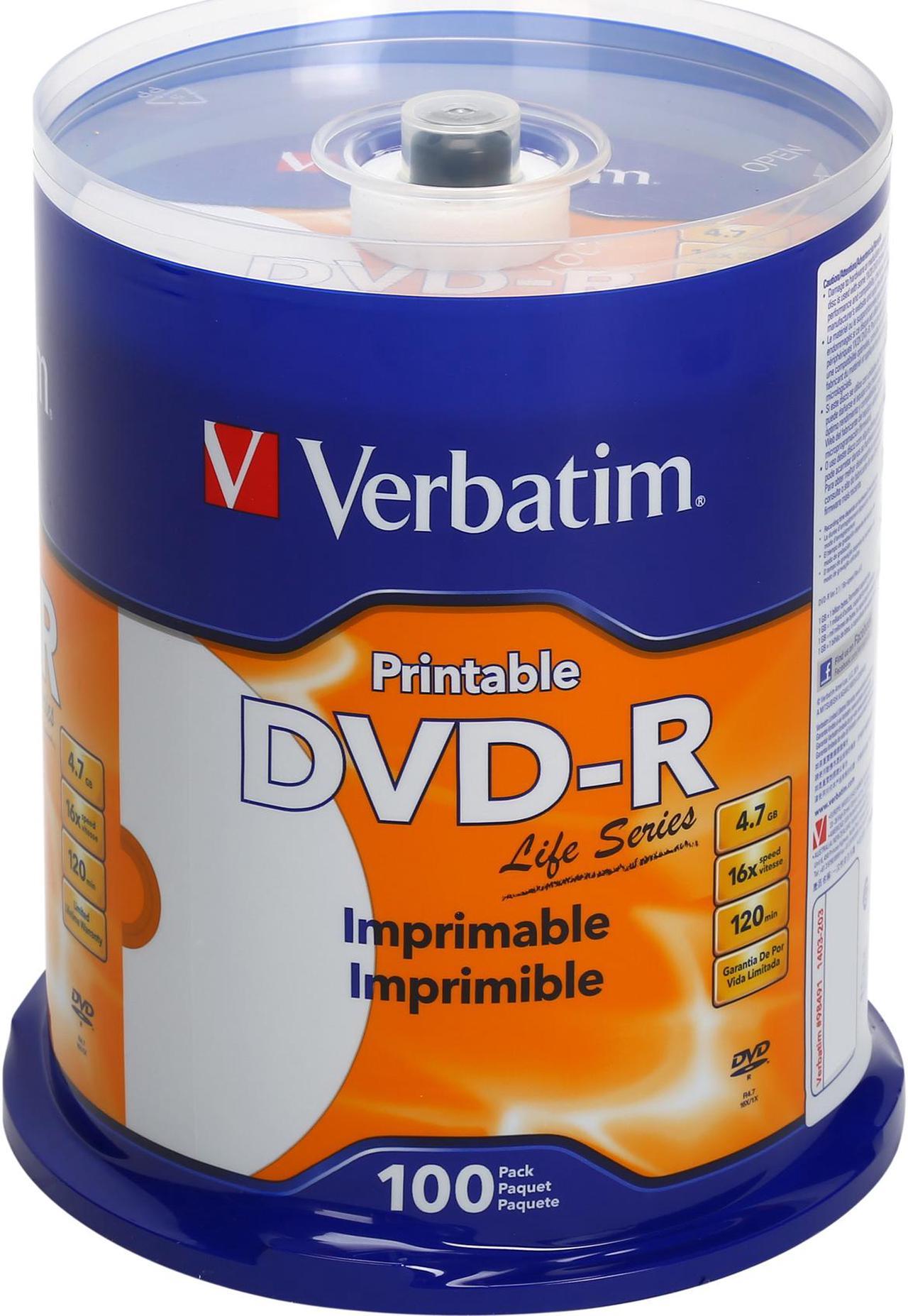 Verbatim DVD-R 4.7GB 16X Life Series White Inkjet Printable, Hub Printable -100pk Spindle (98491)