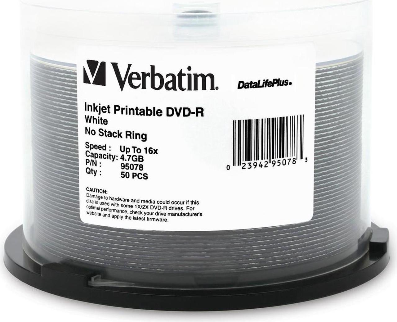 Verbatim 4.7GB 16X DVD-R White Inkjet Printable 50 Packs Spindle DataLifePlus Discs Model 95078