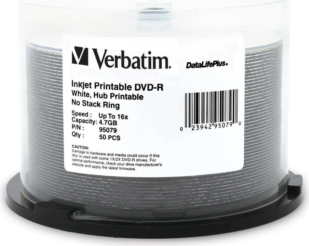 Verbatim 4.7GB 16X DVD-R White Inkjet Printable, Hub Printable 50 Packs Spindle Disc Model 95079