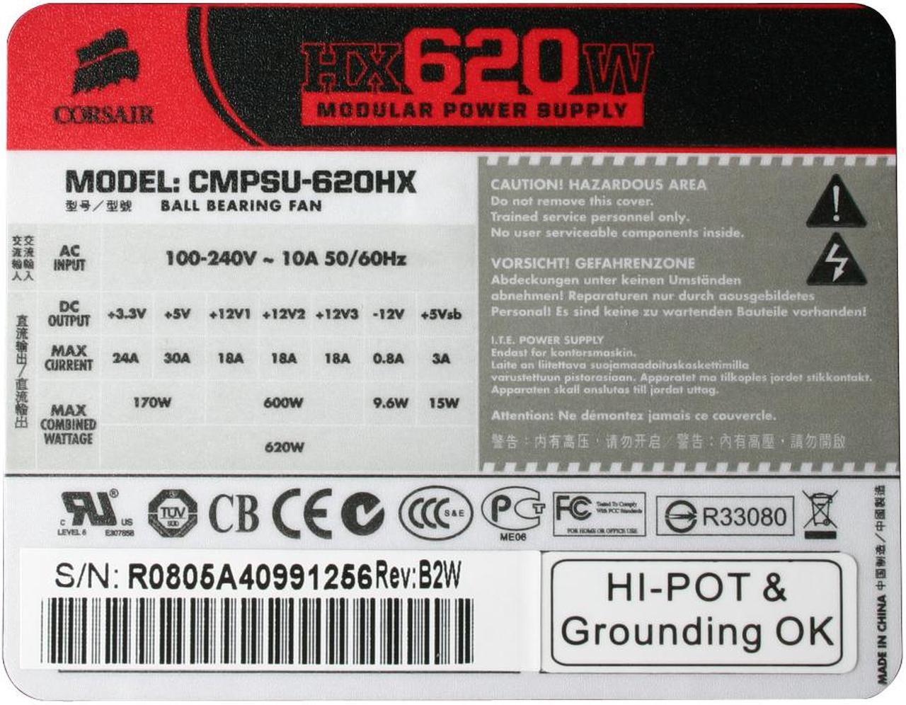 Alt view image 6 of 11 - CORSAIR HX Series CMPSU-620HX 620 W ATX12V v2.2 and EPS12V 2.91 SLI Certified CrossFire Ready 80 PLUS Certified Modular Active PFC Compatible with Core i7 Power Supply