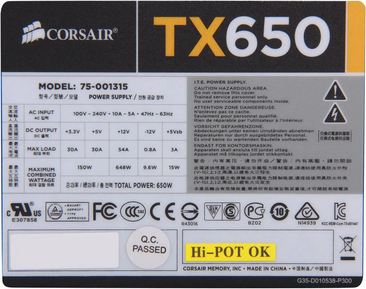 Alt view image 4 of 7 - CORSAIR TX Series CMPSU-650TX 650 W ATX12V / EPS12V SLI Ready CrossFire Ready 80 PLUS BRONZE Certified Active PFC Compatible with Core i7 Power Supply & New 4th Gen CPU Certified Haswell Ready