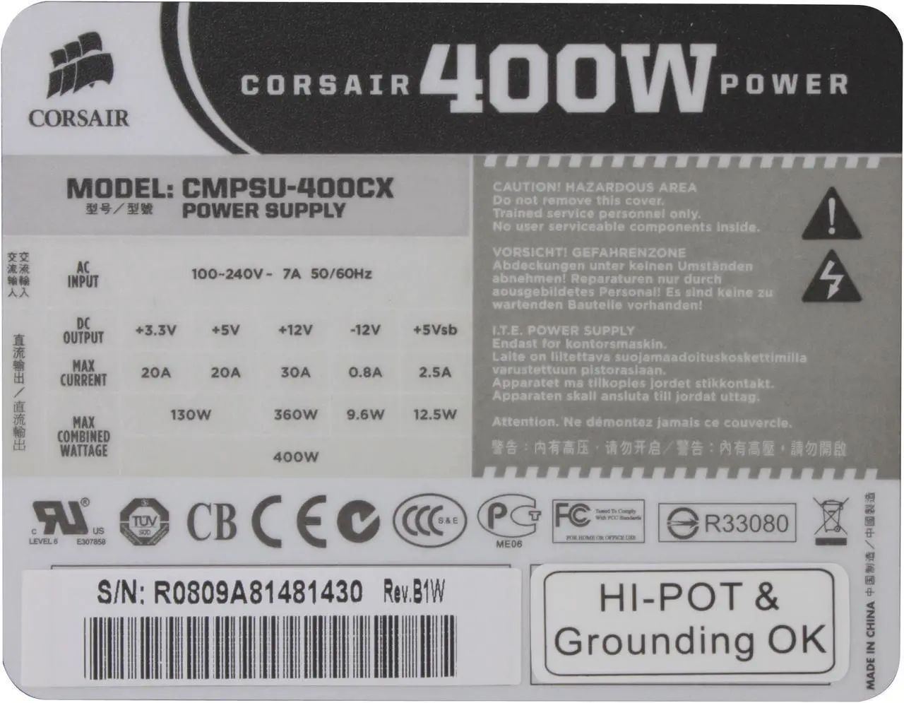 Alt view image 5 of 10 - CORSAIR CMPSU-400CX 400 W ATX12V V2.2 80 PLUS Certified Compatible with Core i7 Power Supply