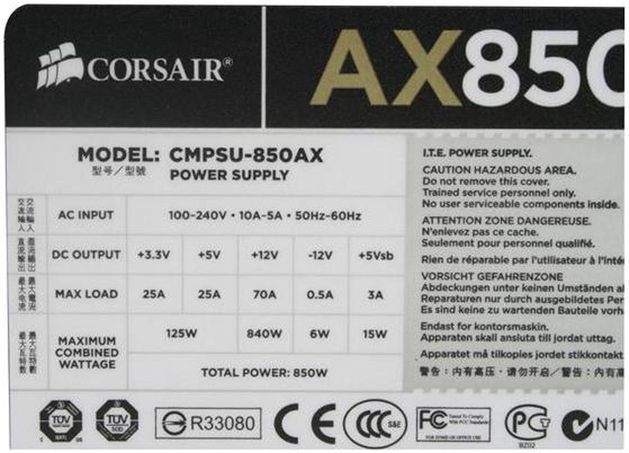 Alt view image 6 of 8 - CORSAIR Professional Series Gold AX850 (CMPSU-850AX) 850 W ATX12V v2.31 / EPS12V v2.92 80 PLUS GOLD Certified Full Modular Active PFC Power Supply