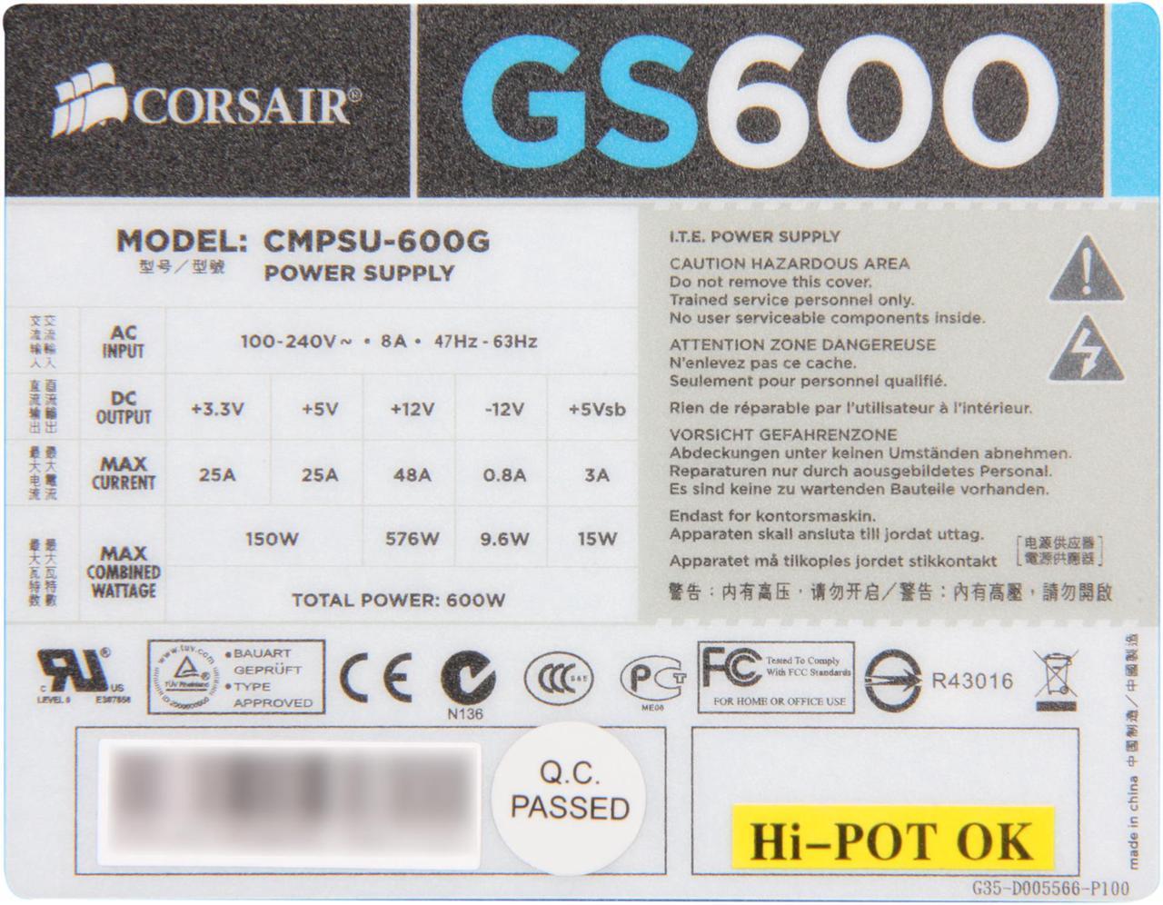 Alt view image 5 of 7 - CORSAIR Gaming Series GS600 600 W ATX12V v2.3 80 PLUS Certified Active PFC High Performance Power Supply