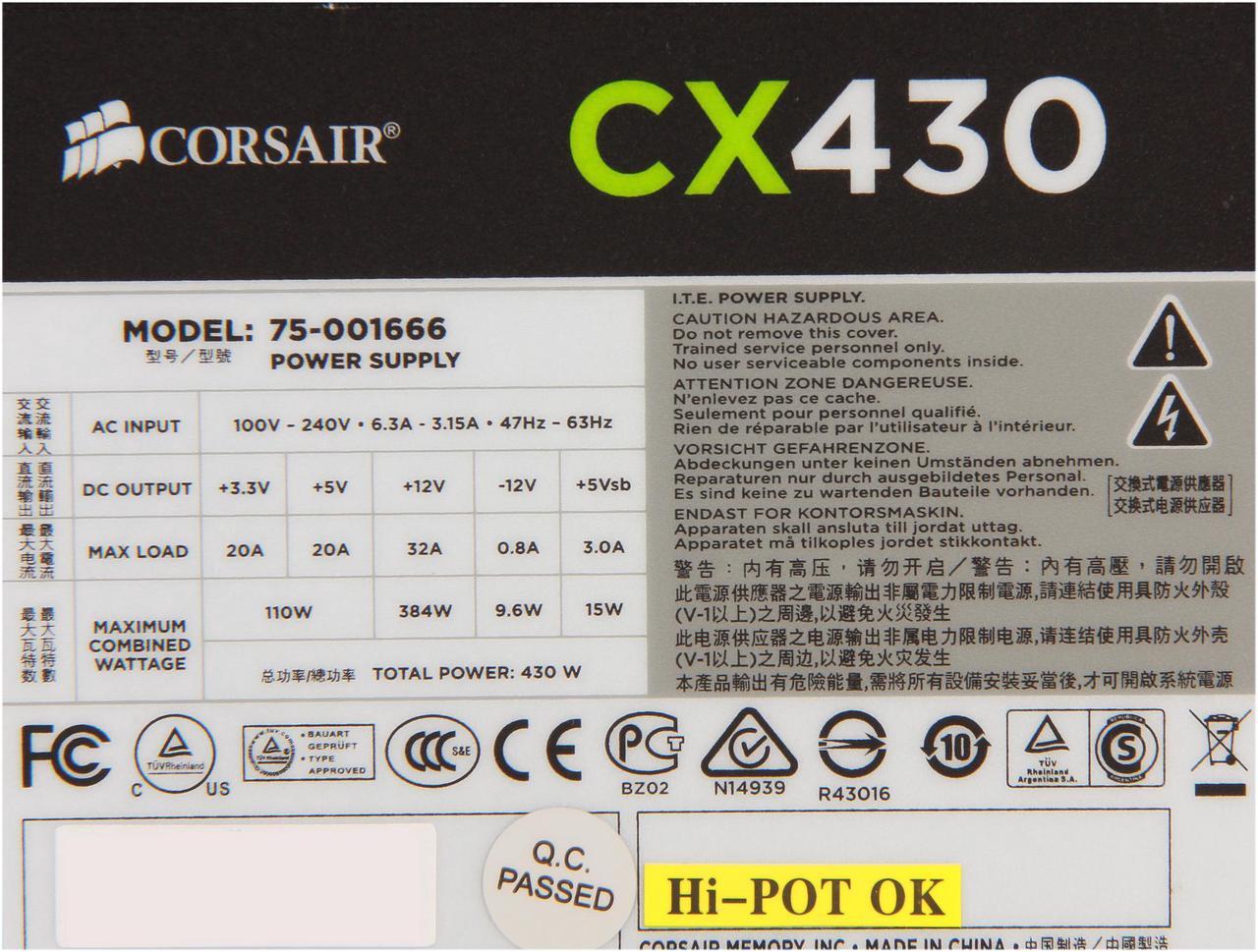Alt view image 6 of 7 - CORSAIR CX Series CX430 430W 80 PLUS BRONZE Active PFC ATX12V & EPS12V Power Supply
