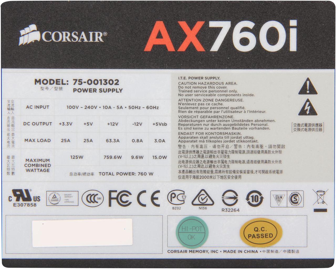 Alt view image 6 of 7 - CORSAIR AXi series AX760i 760 W Digital ATX12V / EPS12V SLI Ready CrossFire Ready 80 PLUS PLATINUM Certified Full Modular Active PFC Power Supply New 4th Gen CPU Certified Haswell Ready