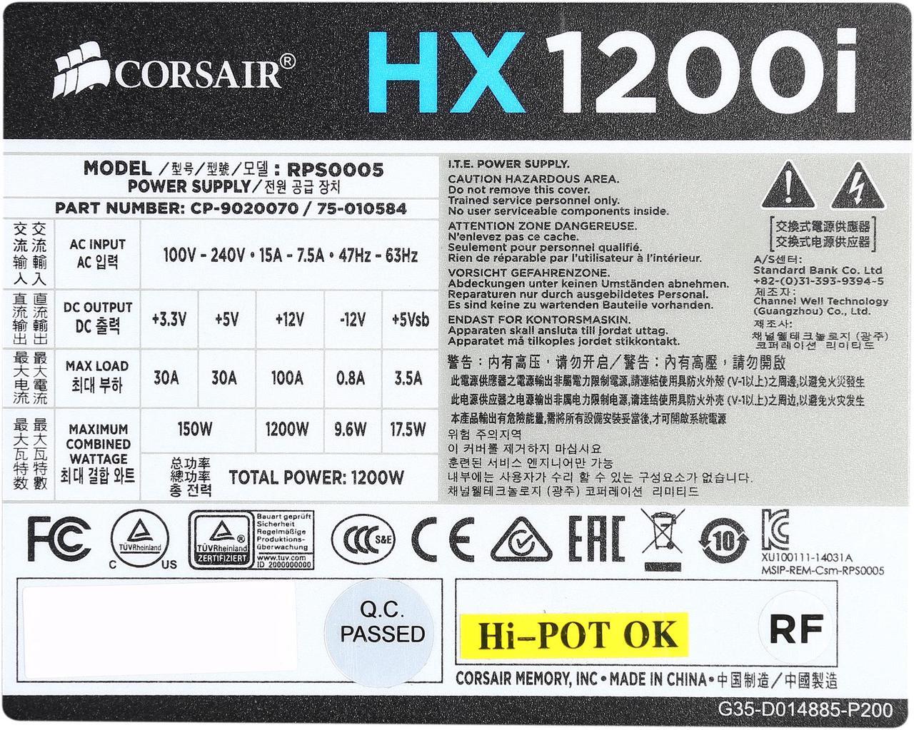 Alt view image 6 of 7 - Corsair Certified CP-9020070-NA HXi Series, HX1200i, 1200 Watt 1200W, Fully Modular Power Supply, 80+ Platinum Certified