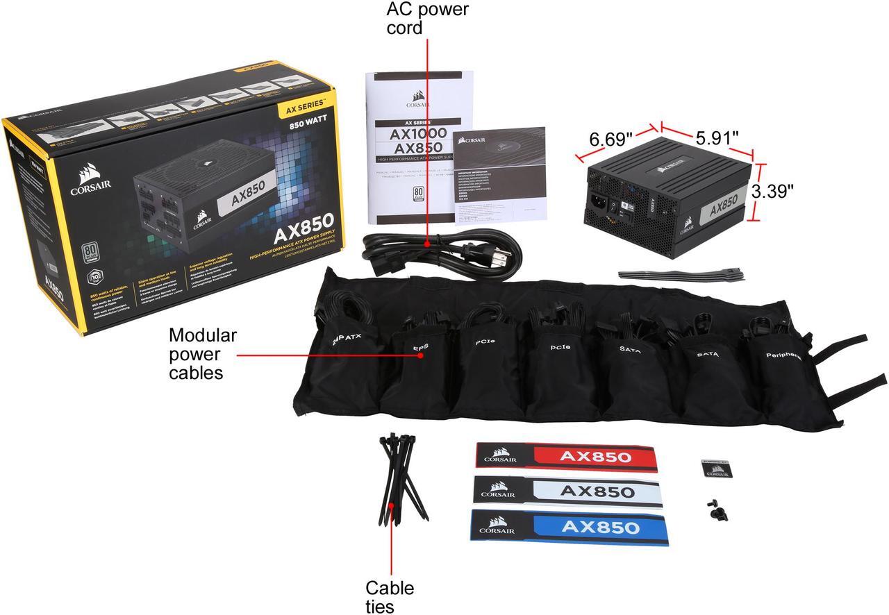 Alt view image 8 of 7 - CORSAIR AX Series AX850 CP-9020151-NA 850 W ATX12V 80 PLUS TITANIUM Certified Full Modular Power Supply