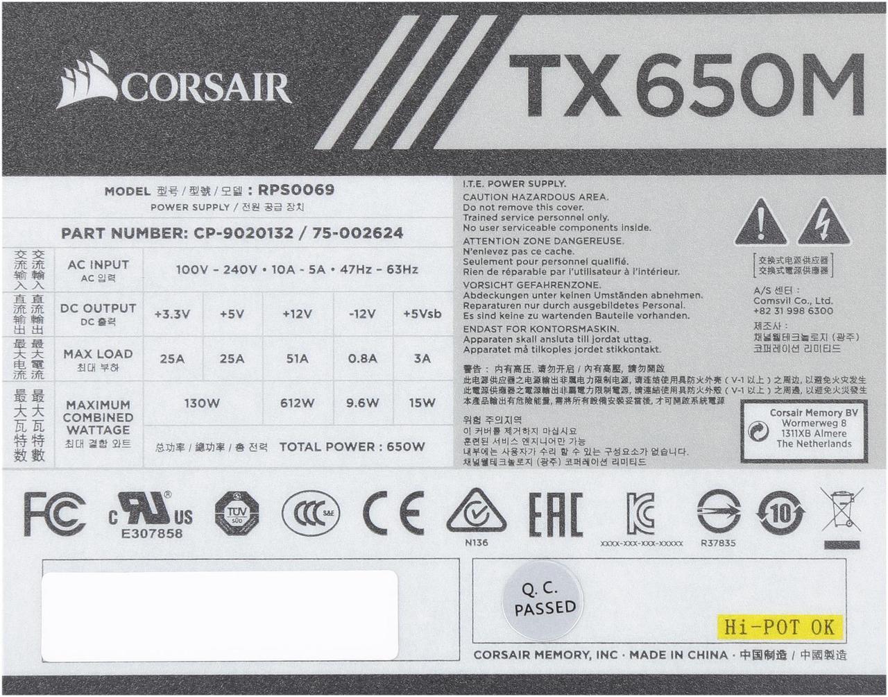 Alt view image 6 of 7 - CORSAIR TX-M Series TX650M CP-9020132-NA 650 W ATX12V v2.4 / EPS 2.92 80 PLUS GOLD Certified Semi-Modular Active PFC Power Supply