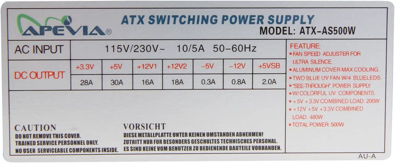 Alt view image 6 of 7 - APEVIA See-Through ATX-AS500W-BK 500 W ATX12V Power Supply