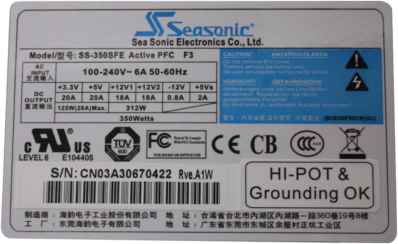 Alt view image 4 of 6 - SeaSonic SS-350SFE 350 W SFX12V V3.1 80 PLUS Certified Active PFC Power Supply - OEM