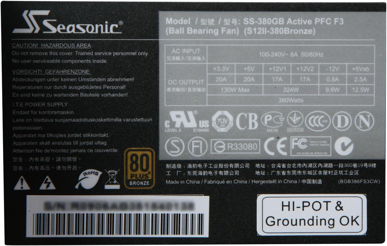 Alt view image 5 of 7 - SeaSonic S12II S12II 380B 380 W ATX12V v2.3 80 PLUS BRONZE Certified Active PFC Power Supply