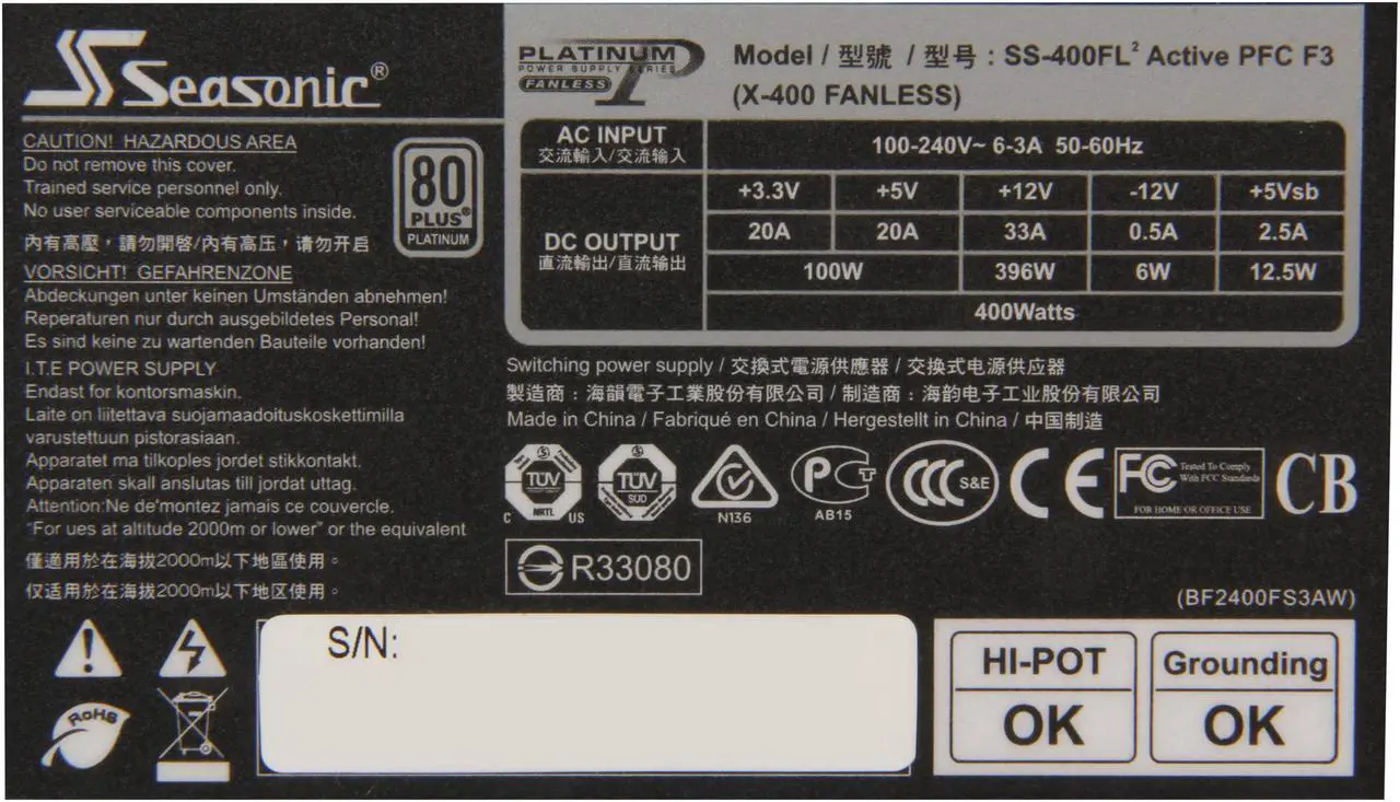 Alt view image 6 of 6 - SeaSonic Platinum Series SS-400FL2 Active PFC F3 400W ATX12V Fanless 80 PLUS Platinum Certified Modular Active PFC Power Supply New 4th Gen CPU Certified Haswell Ready