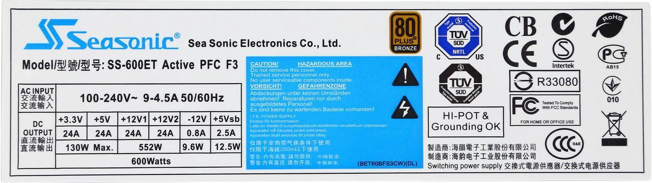 Alt view image 6 of 6 - SeaSonic SS-600ET 600 W 80 PLUS BRONZE Certified Active PFC Power Supply