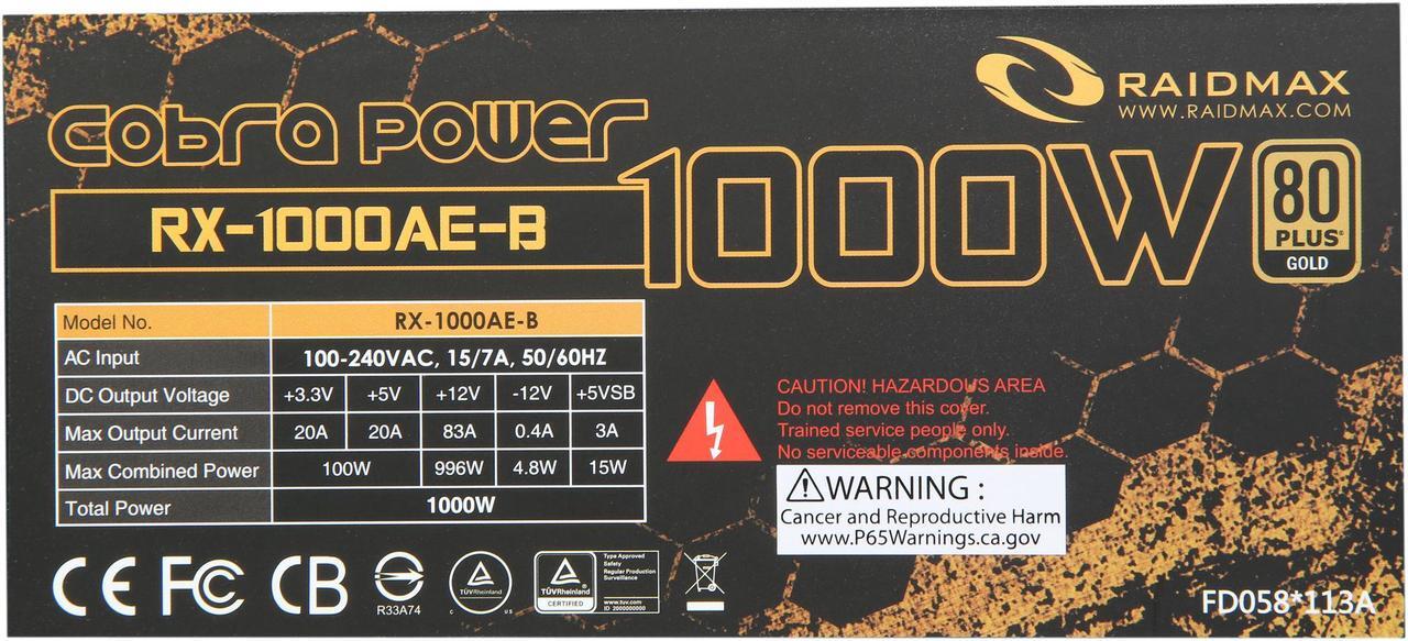 Alt view image 7 of 9 - RAIDMAX Cobra series RX-1000AE-B 1000 W ATX 12V v2.3 / EPS 12V SLI Ready CrossFire Ready 80 PLUS GOLD Certified Modular Power Supply