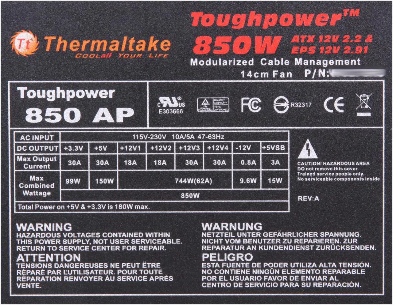 Alt view image 5 of 7 - Thermaltake Toughpower W0178RU 850 W ATX12V V2.2 / EPS12V V2.91 SLI Certified 80 PLUS Certified Modular Active PFC Power Supply