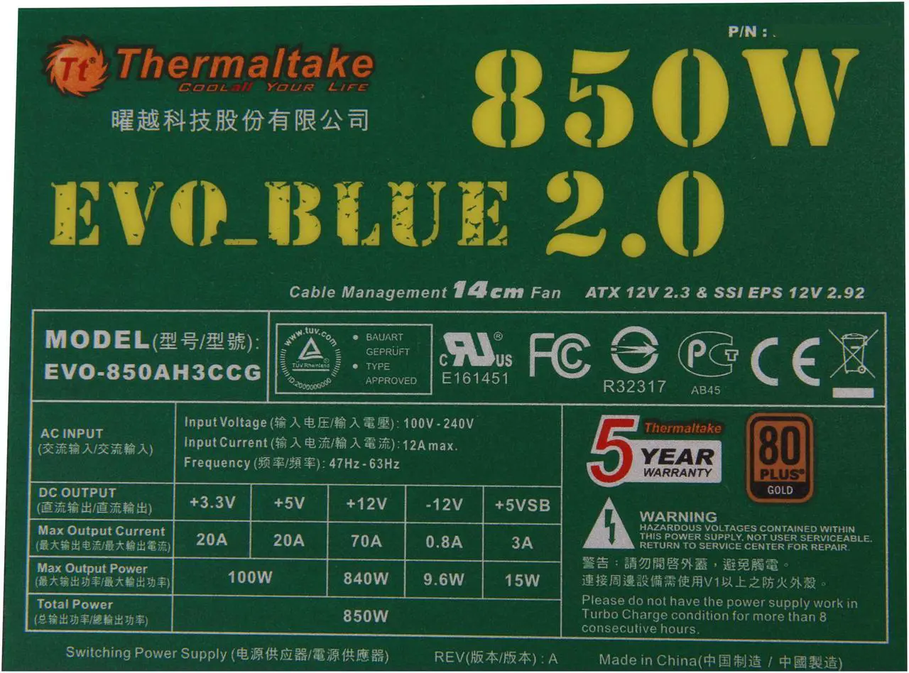 Alt view image 5 of 7 - Thermaltake EVO BLUE 2.0 EVO-850MPCGUS-A 850 W ATX12V / EPS12V SLI Certified CrossFire Ready 80 PLUS GOLD Certified Modular Active PFC Power Supply