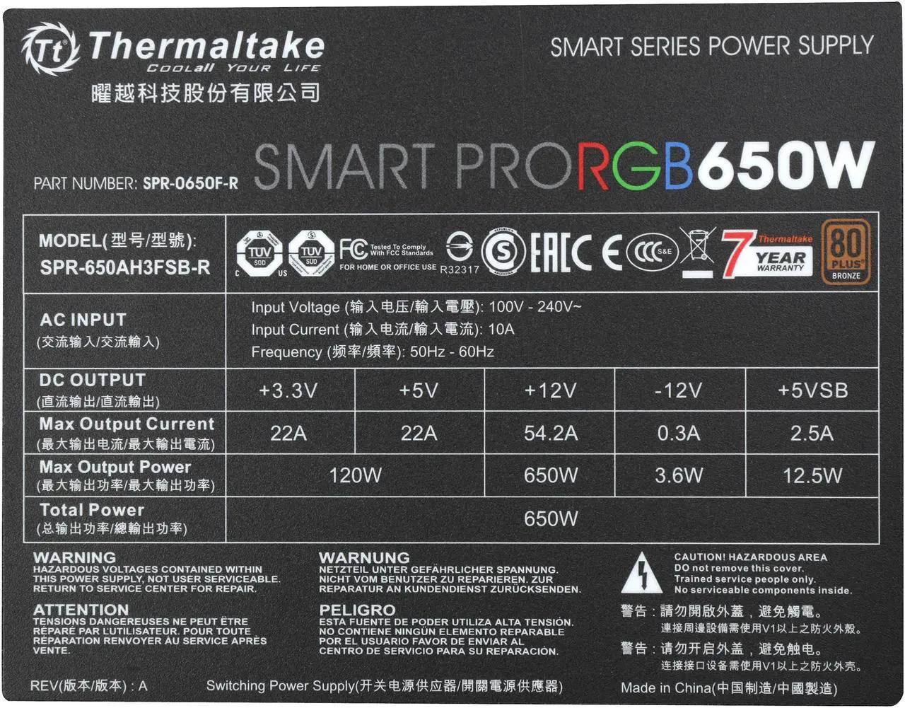 Alt view image 8 of 8 - Thermaltake Smart Pro RGB 650W Smart Zero Fan SLI/CrossFire Ready Continuous Power ATX12V v2.4 / EPS v2.92 80 PLUS Bronze Certified Full Modular Power Supply PS-SPR-0650FPCBUS-R