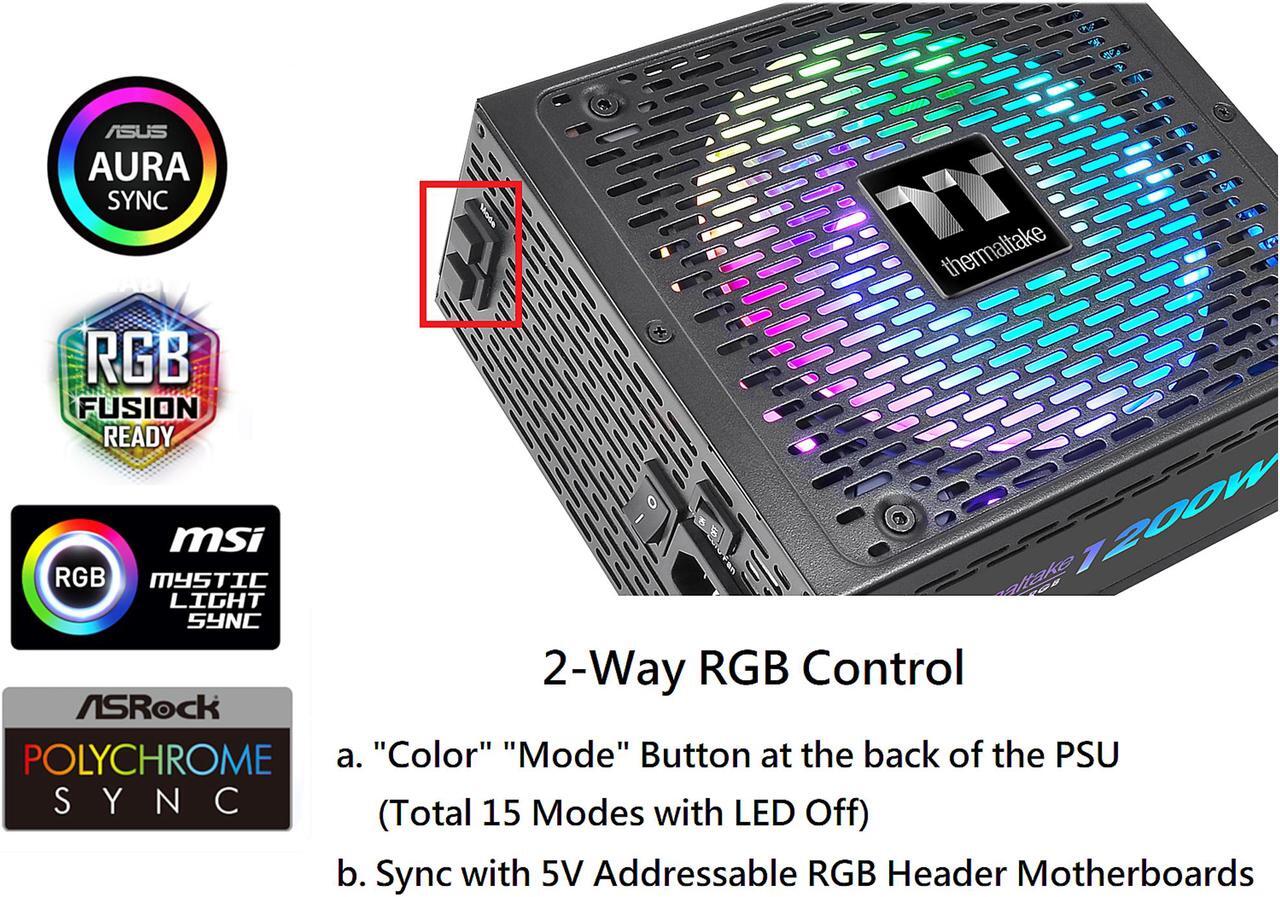 Alt view image 10 of 14 - Thermaltake Toughpower PF1 ARGB 1200W 80+ Platinum 16.8 Million Colors 18 Addressable LEDs 5V Motherboard Sync/Analog Controlled SLI Full Modular Power Supply PS-TPD-1200F3FAPU-1